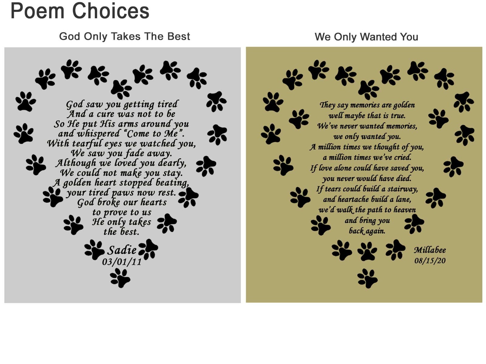 Custom Engraved Pet Name Plate, Pet Loss Poem Plate, Multiple Choices, Dog, Cat