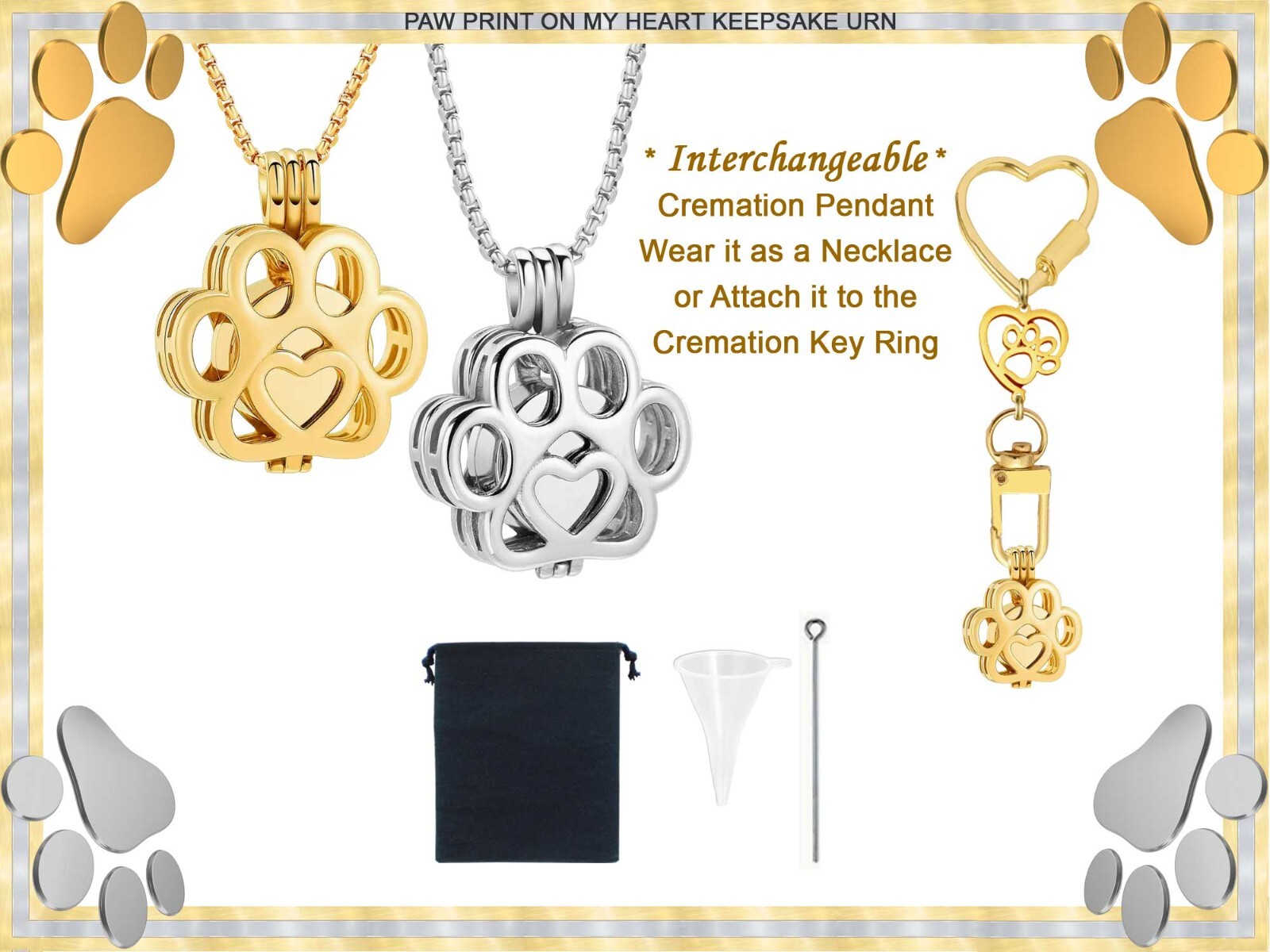 Paw Print On My Heart Keepsake Urn Interchangeable Necklace or Key Ring, Engrave