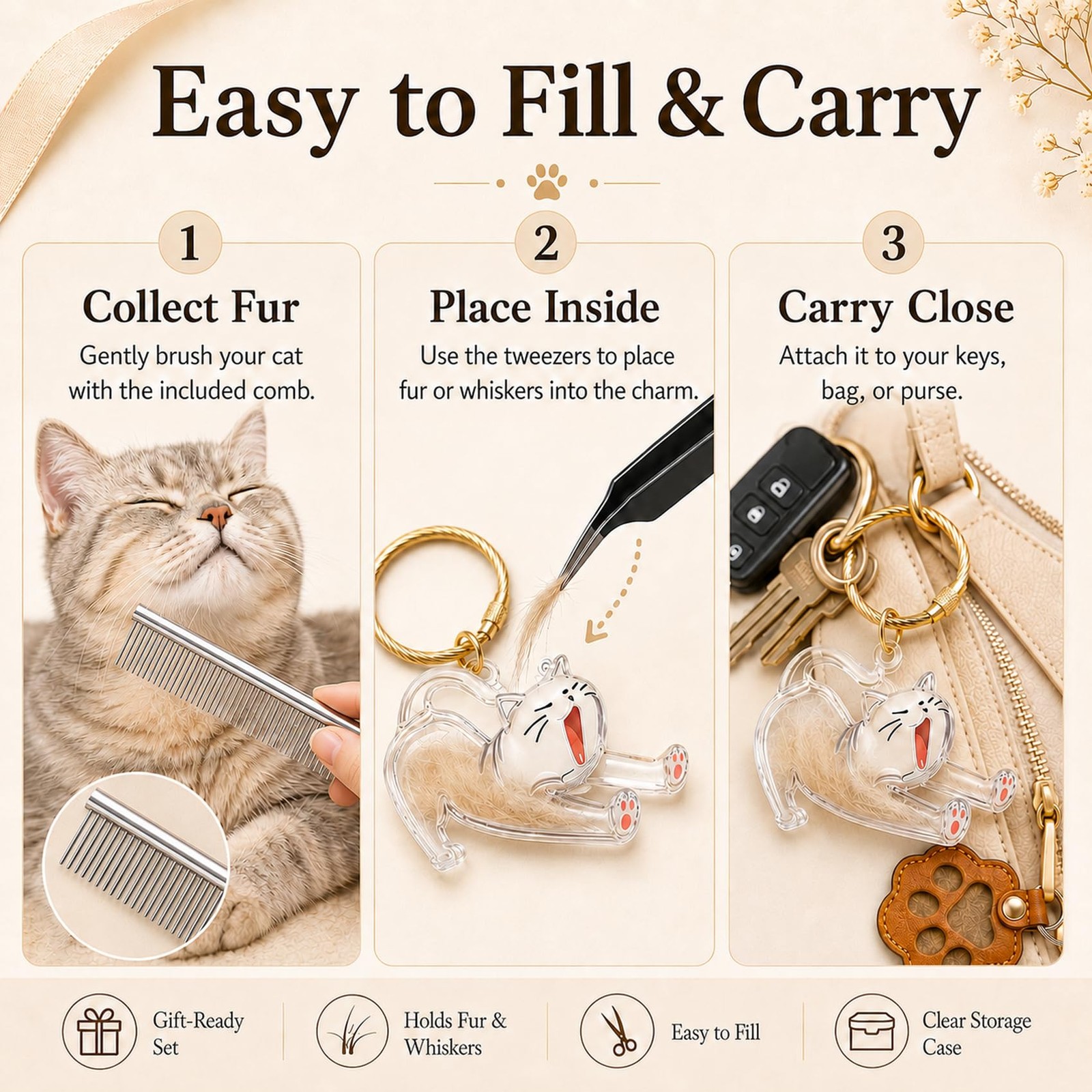 Cat Hair Keychain Keepsake Set, 3 Cat Fur Keepsake Charms for Fur/Whiskers wi…