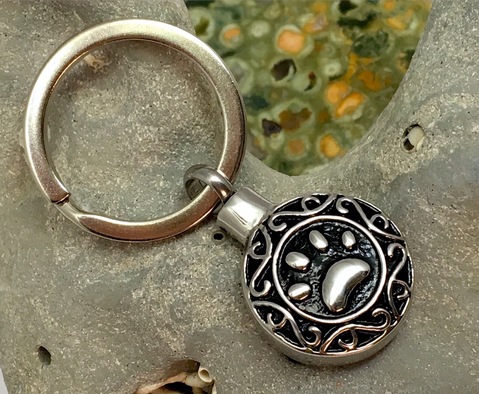 Pet Cremation Pendant Urn Keychain 1″ Key Ring for Ashes Dog Cat Paw Print Paws