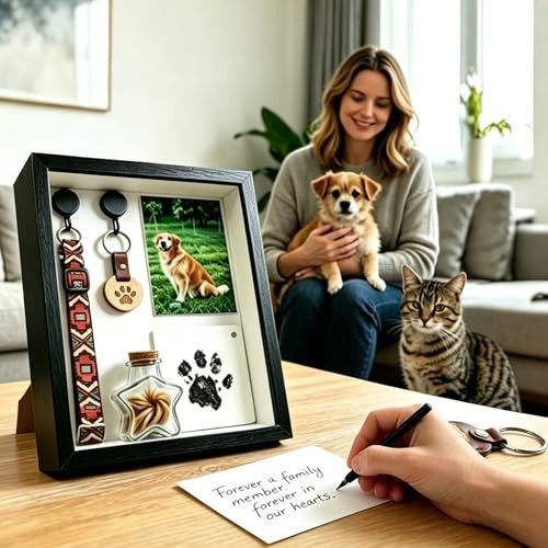 Pet Memorial Shadow Box with Paw Print Kit, Dog Cat Memory Keepsake Box