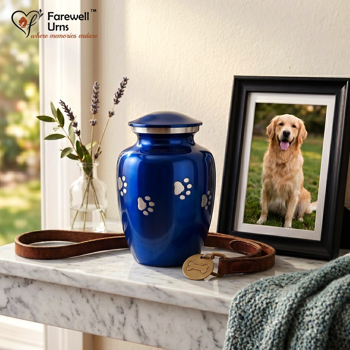 6″ Blue Pet Cremation Urn for Dog Cat Ashes Paw Print Aluminum Memorial