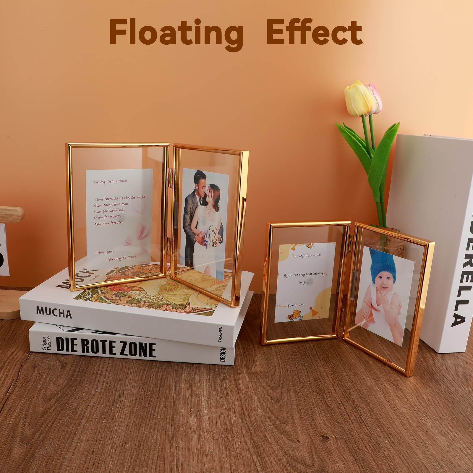 Folding Double Frame, Gold Floating Picture Frame with Hinge, For 5″×7″ 4″&