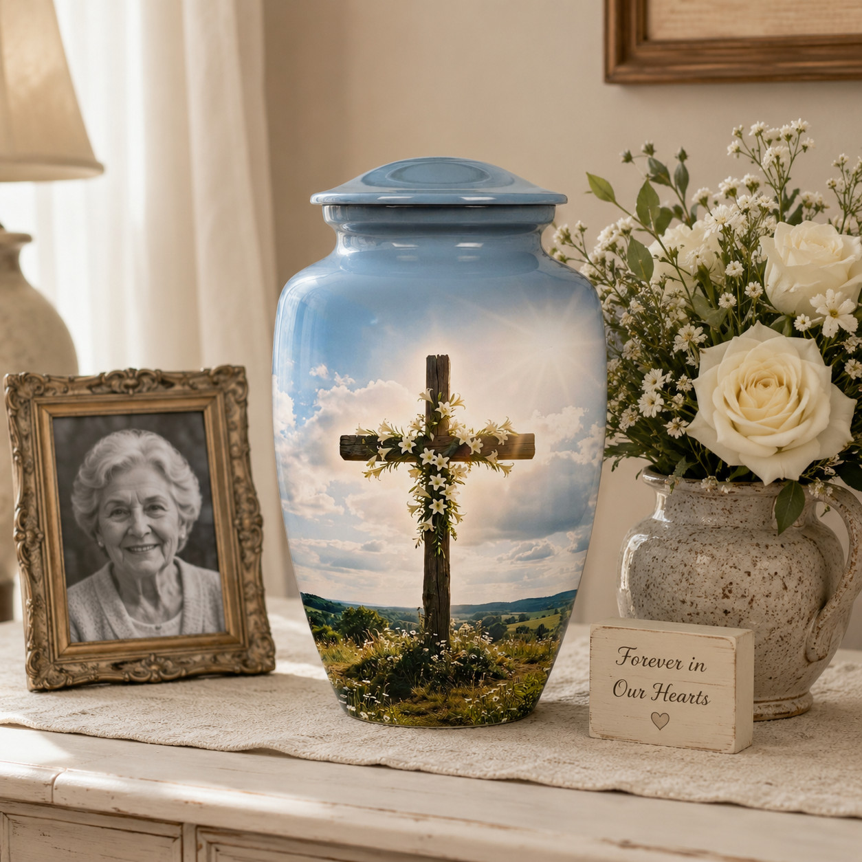 Large Blue Christian Cross Cremation Urn Human Ashes Adult for Your Love Ones