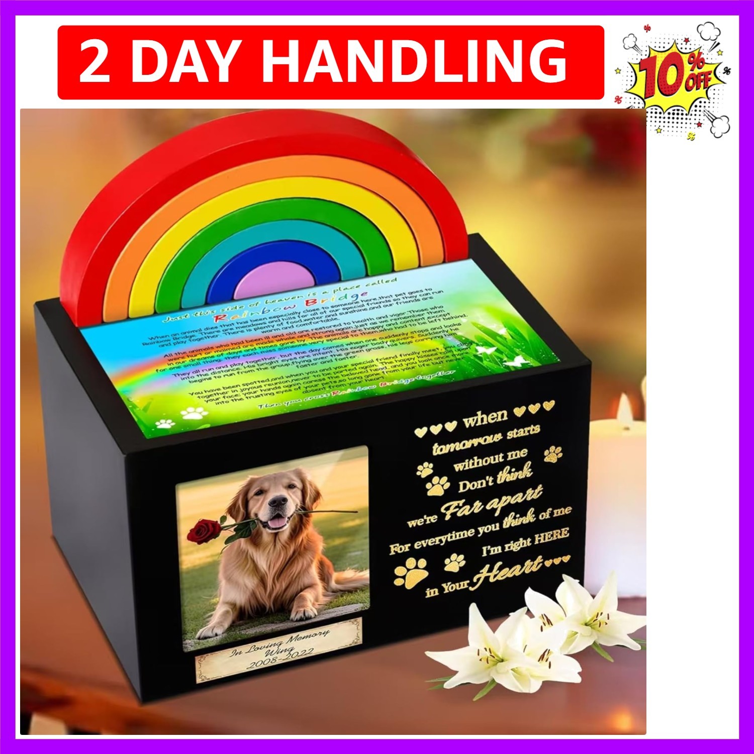 Wooden Rainbow Bridge Keepsakes Pet Urns, Handcrafted Dog/Cat Pet Urn, A Memo…