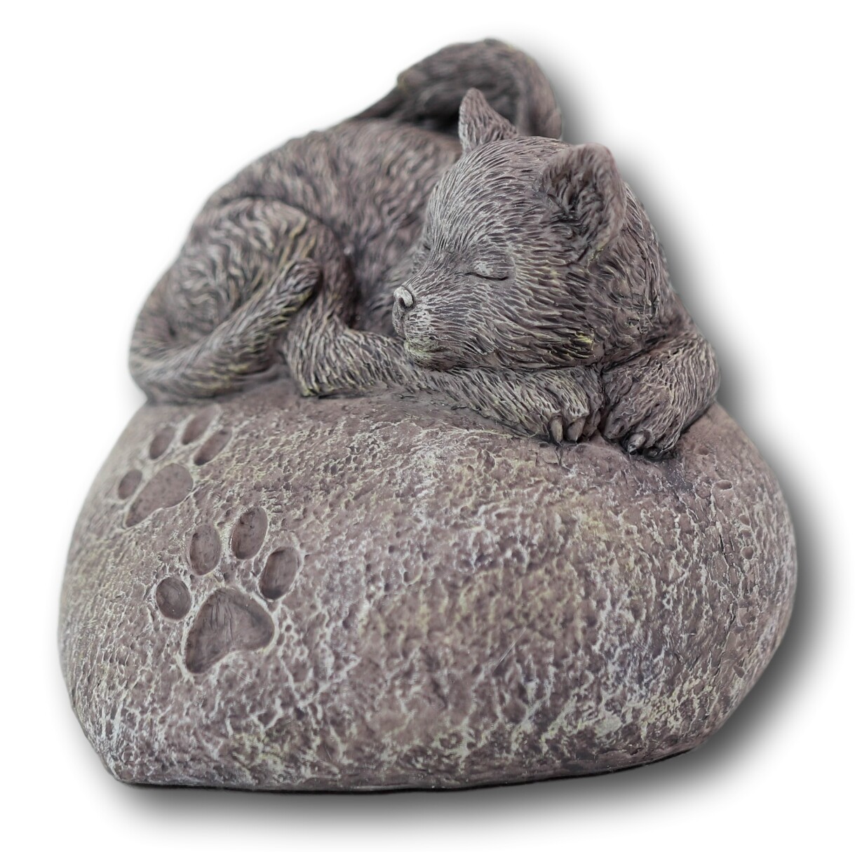 Pet Memorial Sleeping Angel Cat With Paw Prints Heart Shaped Rock Urn Statue
