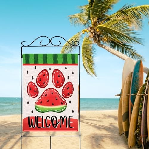 Welcome Summer Dog Cat Paw Print Large Decorative House Flag, Watermelon Yard