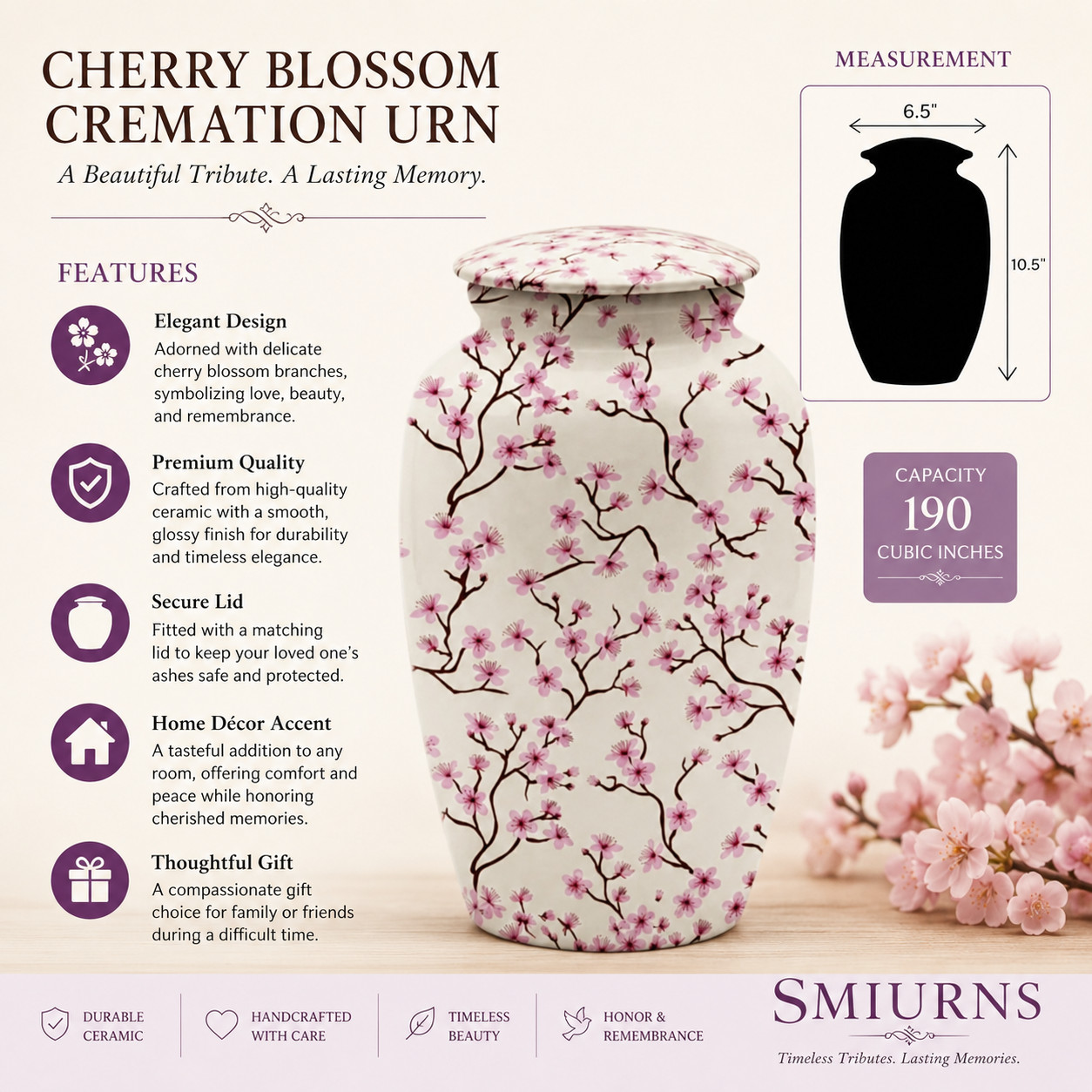 Large Adult Cremation Urn Cherry Blossom Design 190 Cu In Funeral Ashes Urns
