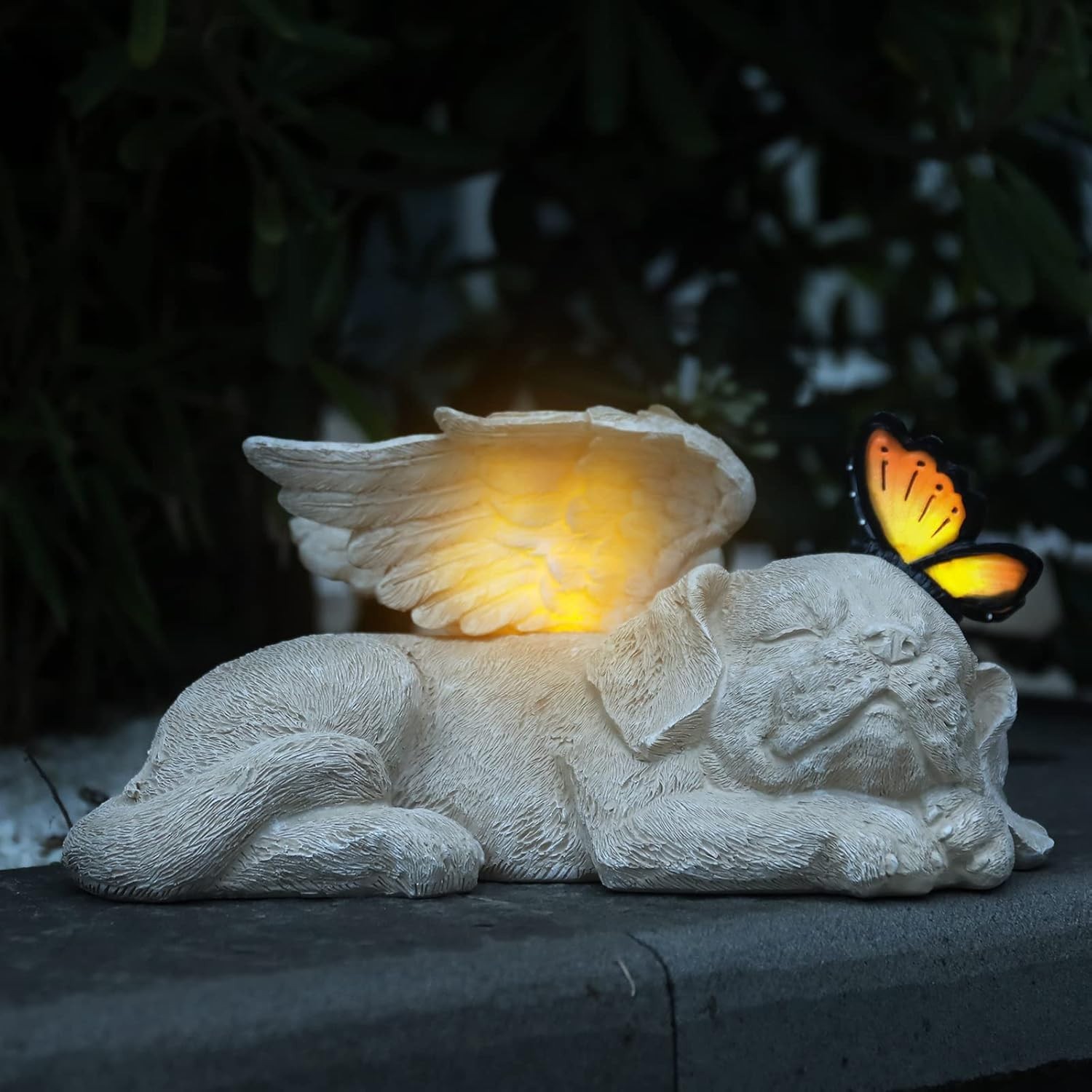 Beautifully Hand-Painted Sleeping Dog Angel Statue with Solar Illumination