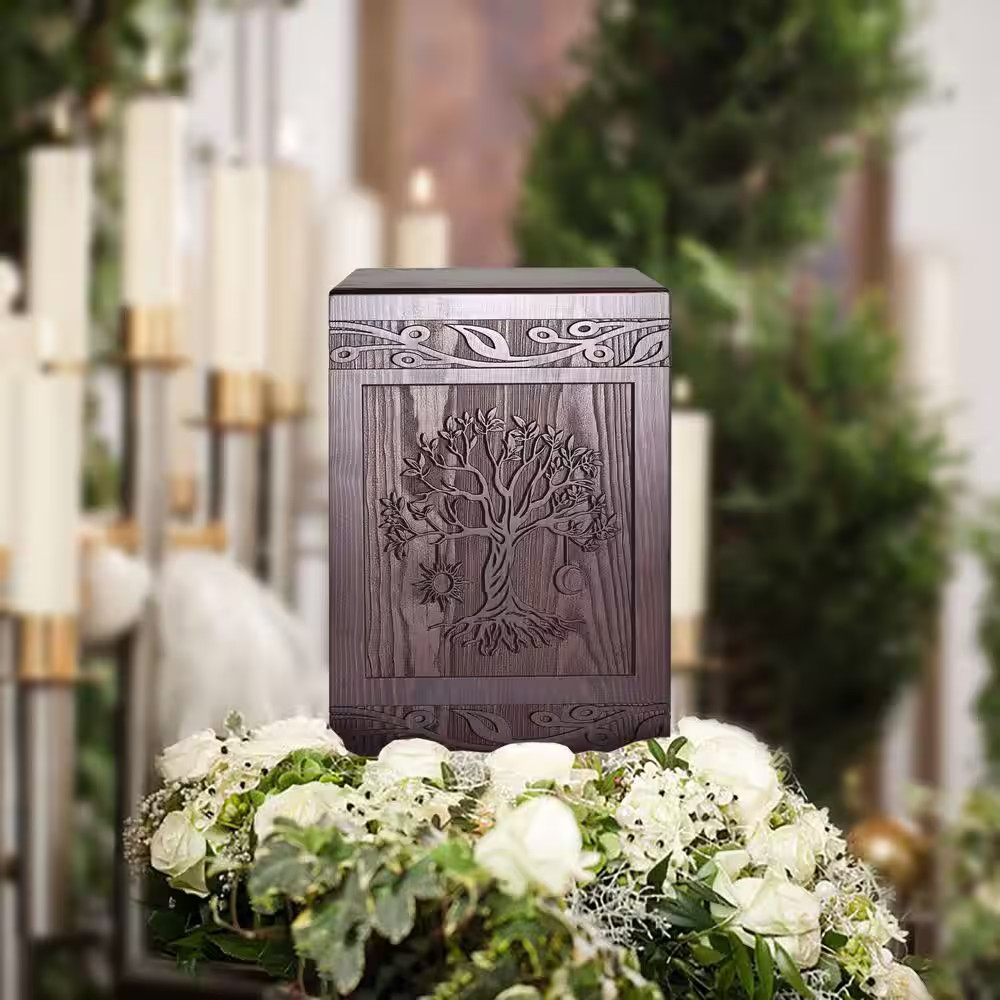 6.3 In. W X 9.5 In. H Wooden Tree of Life Urns Box and Casket, Burial Funeral Me