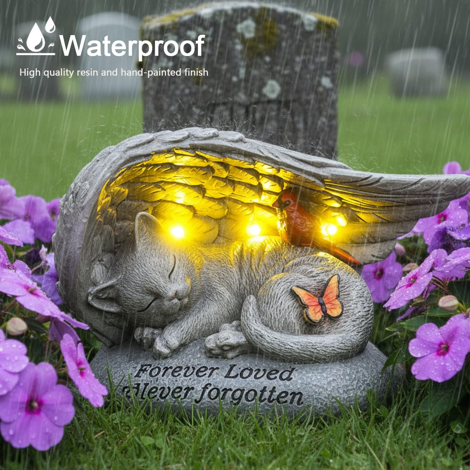 Solar Cat Memorial Stone – 8″ Angel Wing Cardinal Butterfly, Outdoor Pet Loss Gi