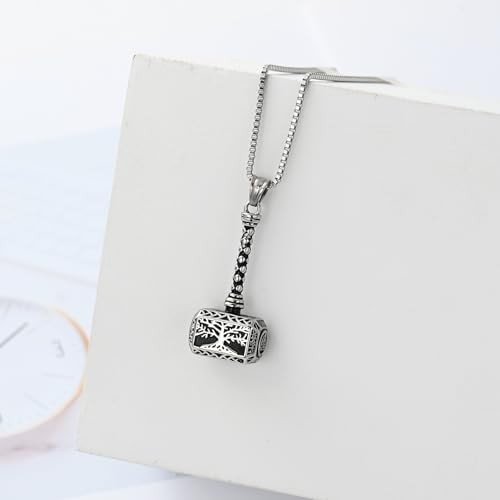 Viking Thor Hammer Cremation Jewelry for Ashes Tree of Life Hammer Silver