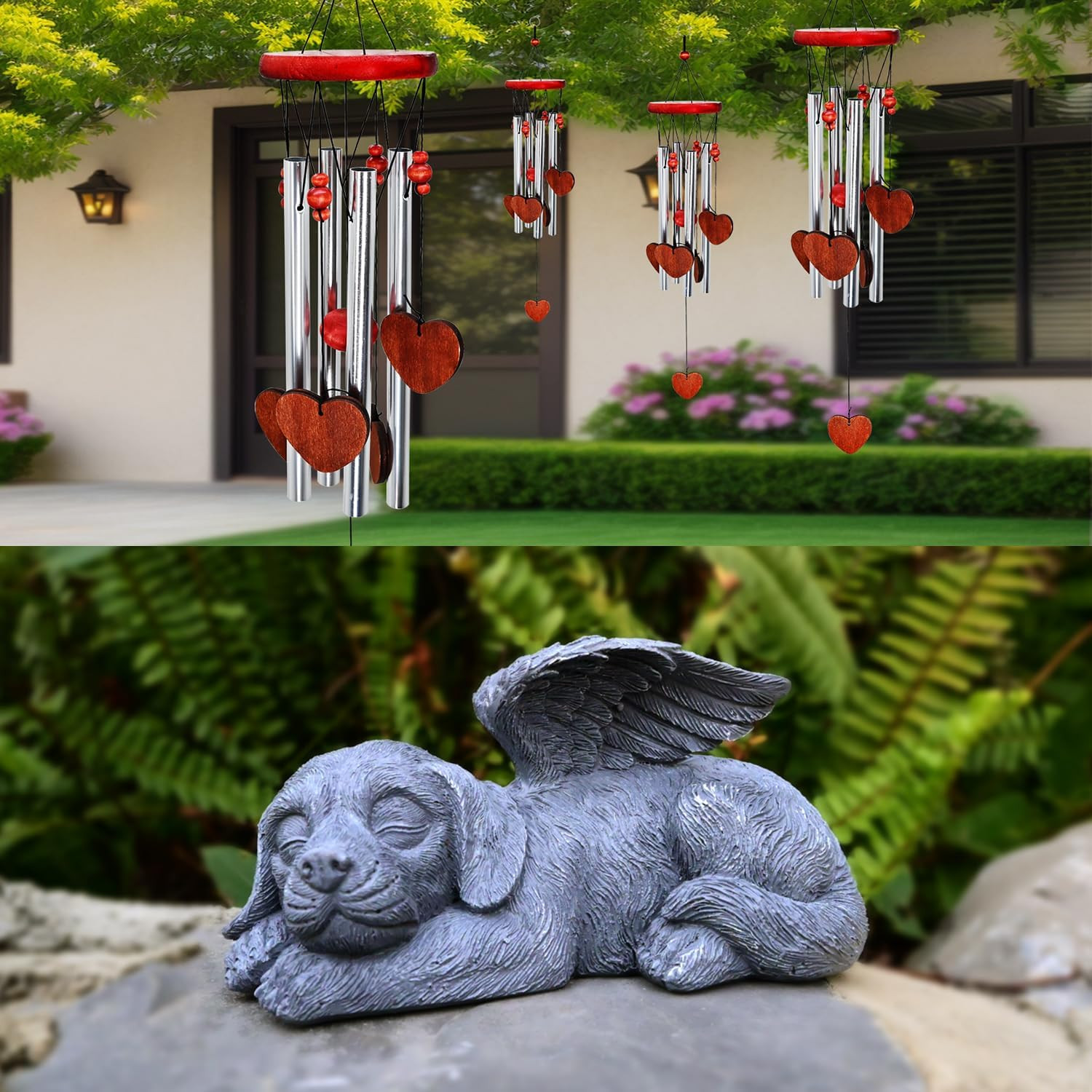 Angel Dog Memorial Stones Statue Memorial Wind Chimes outside Loving Heart Sympa