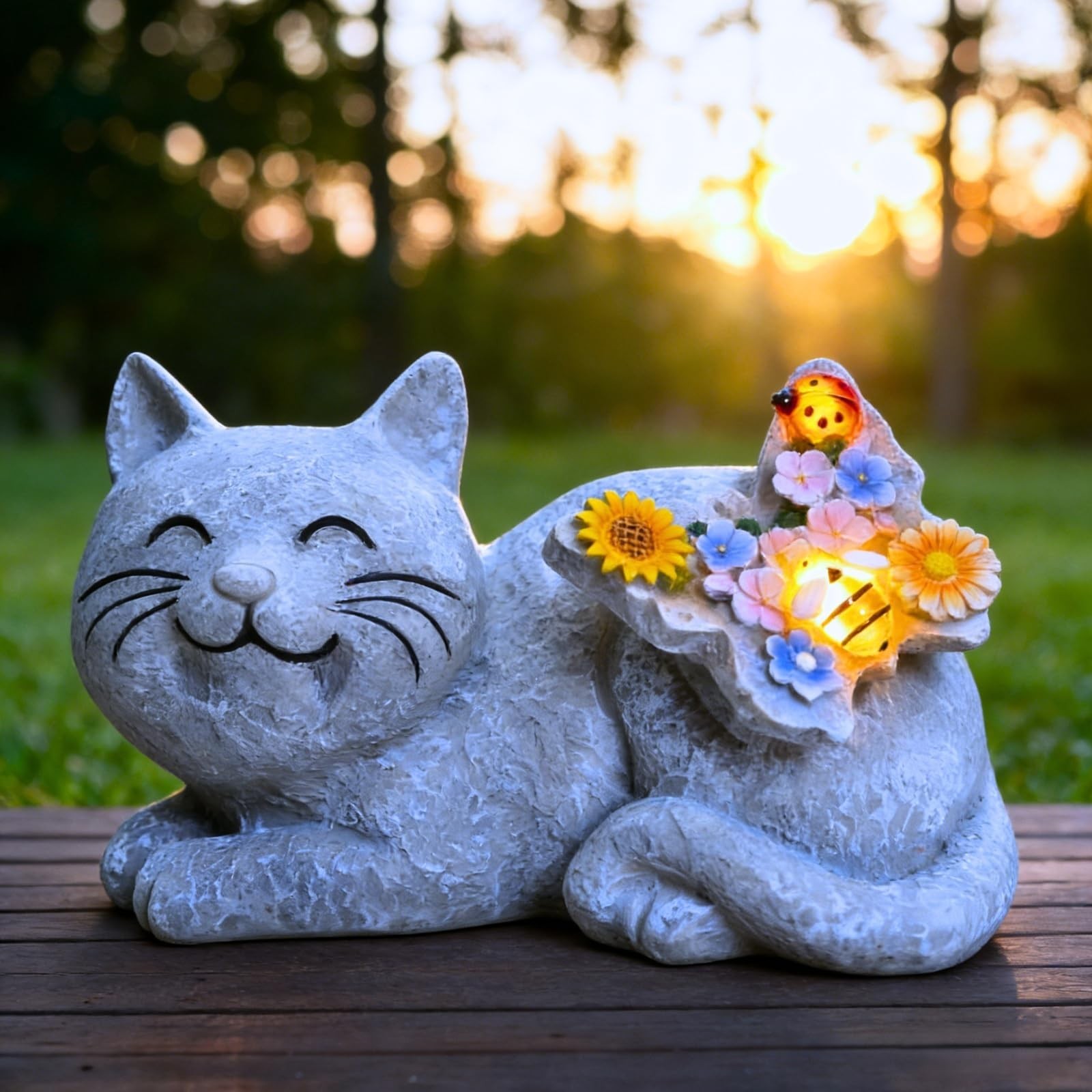Solar Cat Garden Statue with LED Lights, Waterproof Resin Outdoor Cat Decor, …