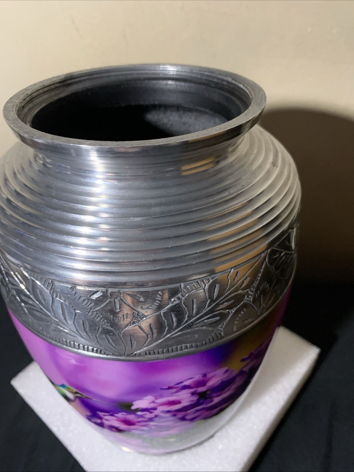 Adult Cremation Urn – Hummingbird Sunrise Serenade Purple & Silver Urn for Ashes