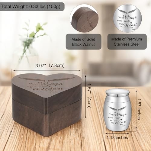 Angel Wing Small Urns for Human Ashes Heart Shaped Wooden Wings(1.57″)