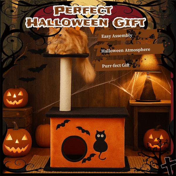 Halloween Cat Tree, Cat Tower Cat Tree For Indoor Cats With Spacious Cat Condo,