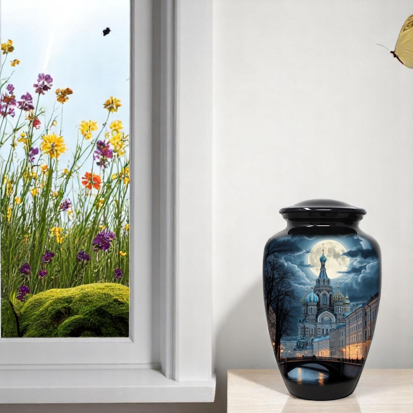 Adult Cremation Urn for Human Ashes Large 10.5″ Moonlit Cathedral Urn with Bag