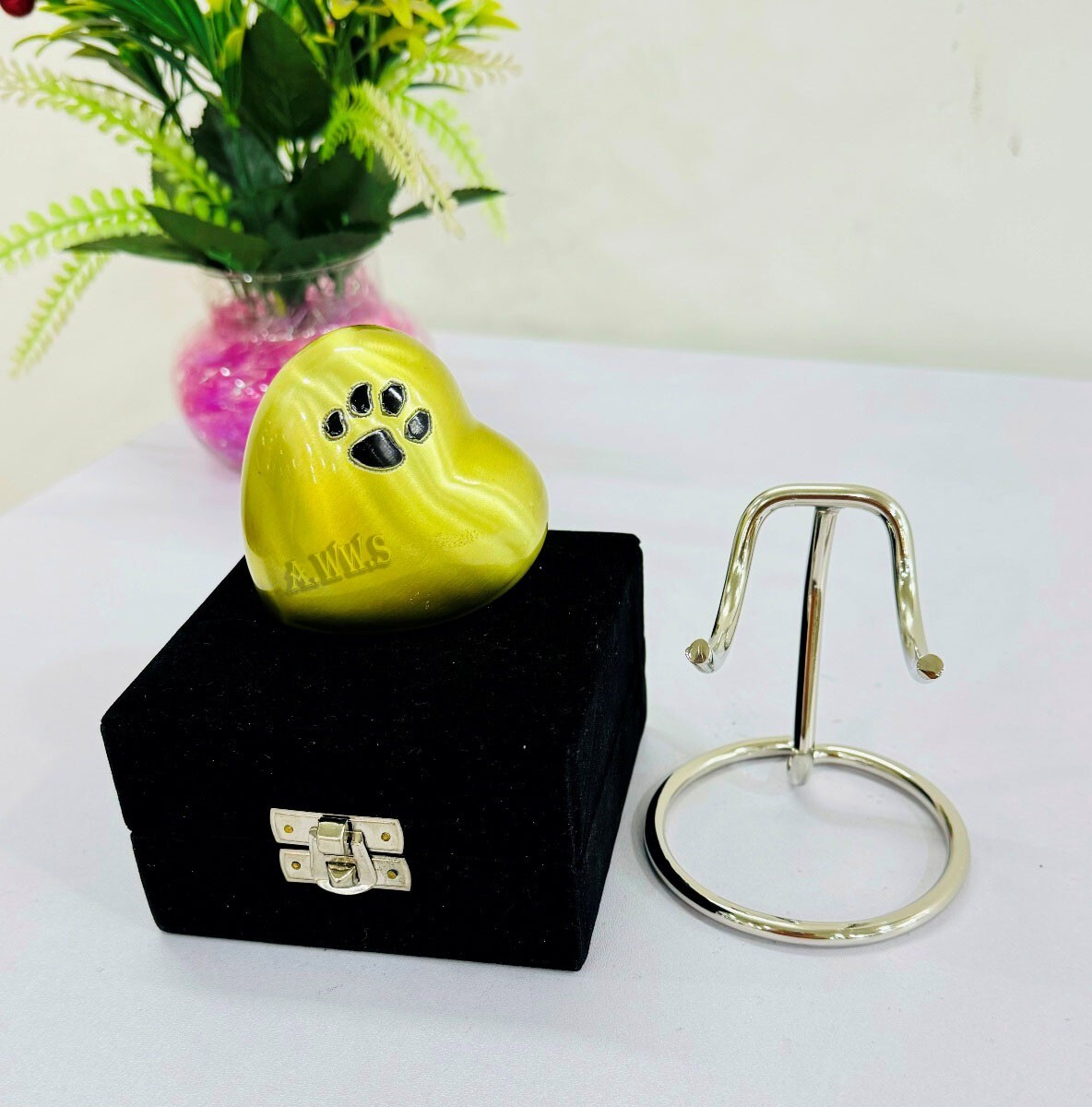 Yellow Cremation Heart Premium Urn With Black Pet Foot Print Design for Ashes
