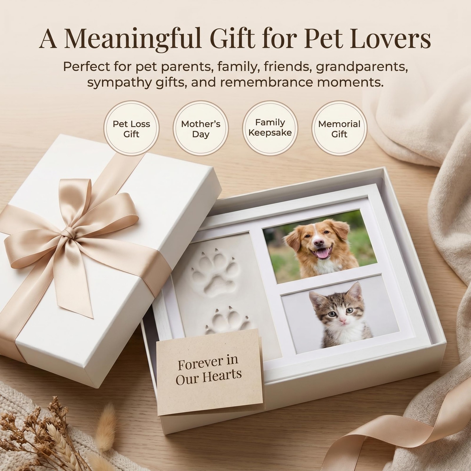 Pet Paw Print Picture Frame,White Wood Dog and Cat Keepsake Frame with 2 Phot…