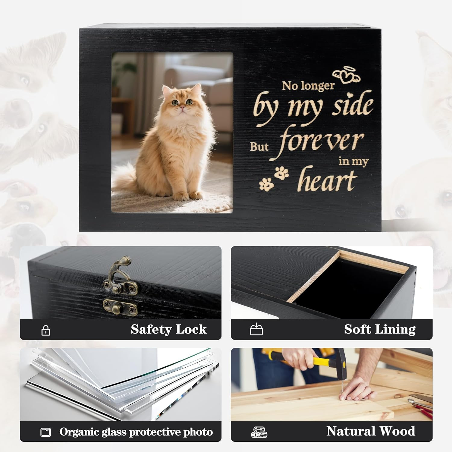 Pet Urns for Cats or Dogs Ashes with Photo Frame, Wooden Memory Box for Keepsake