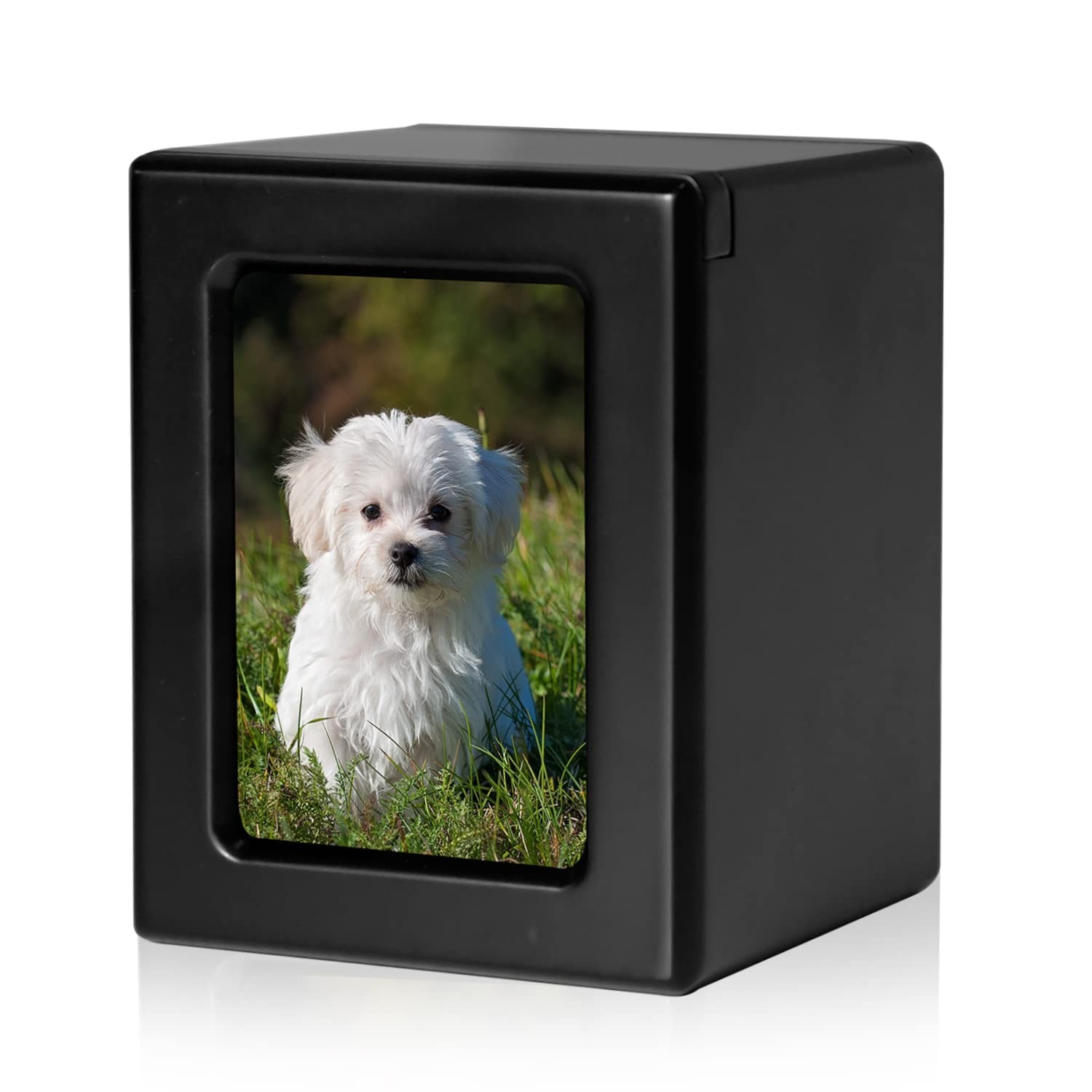 Wooden Dog Ashes Urn, Black, Solid, Small (0-25lbs), Photo Frame, Polished Fi…