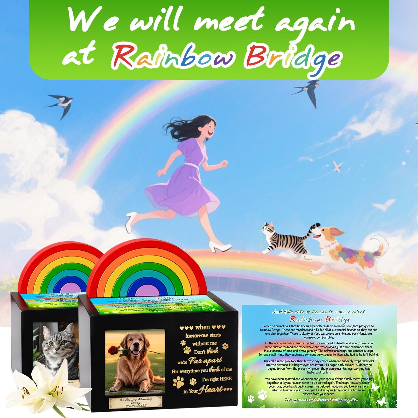 Handcrafted Wooden Rainbow Bridge Pet Urn for Dog/Cat Ashes, Memorial Keepsake B