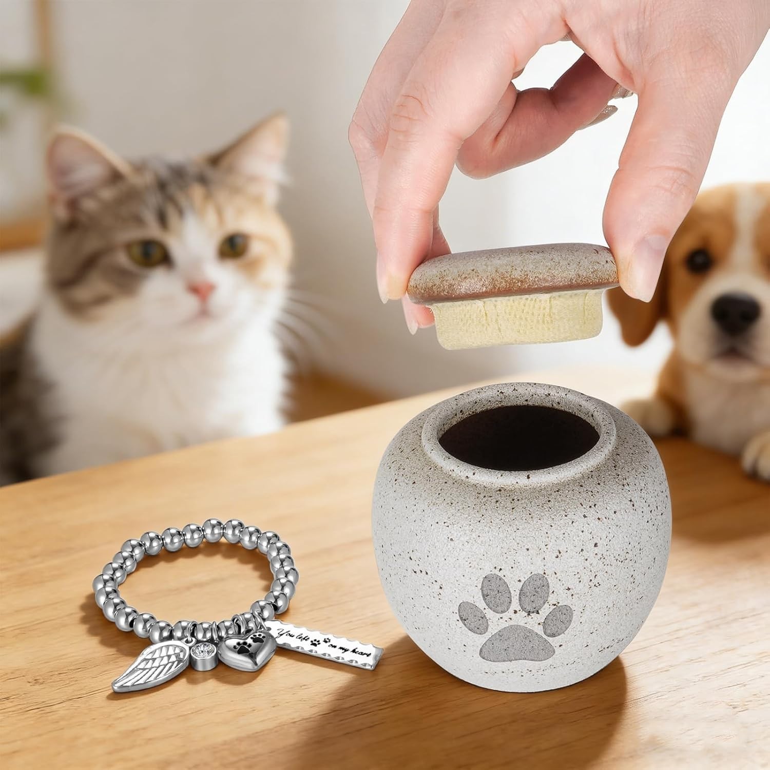 Small Pet Urn Memorial Cremation Ceramic Paw Print Cat Dog 9 Cubic Inch Capacity