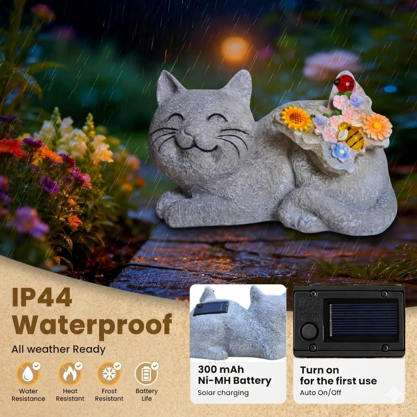 Solar Cat Garden Statue with LED Lights, Waterproof Resin Outdoor Cat Decor, …