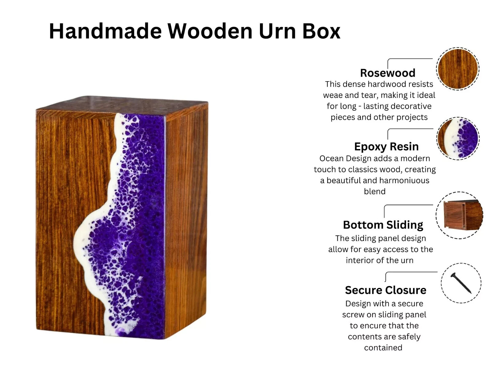 Handcrafted Wooden Urn for Adult Human Ashes – Wood and Epoxy Resin Mix Urn Box