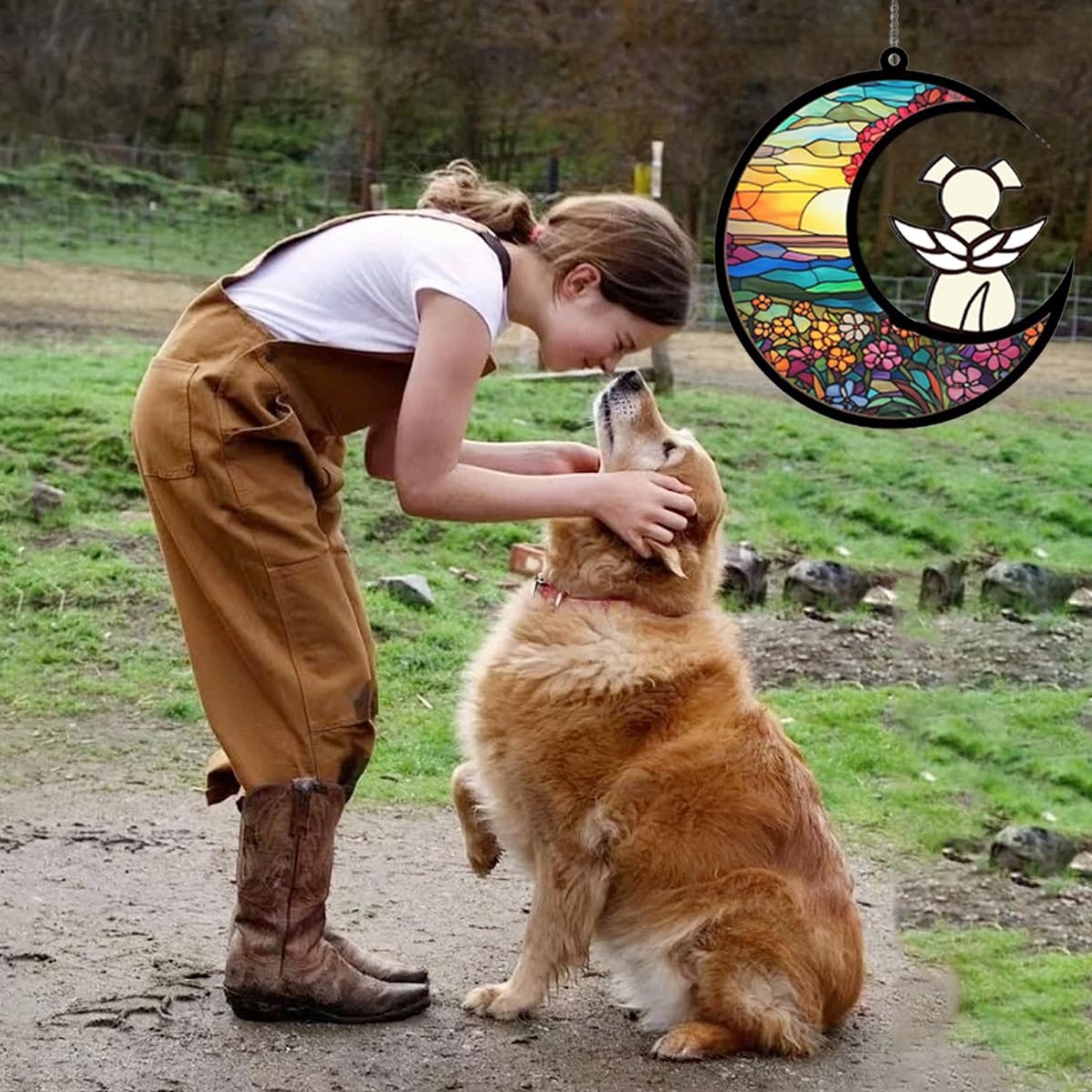 Memorial Pet Sympathy Suncatcher – White Angel Dog on Flower Moon Beverage Ac…