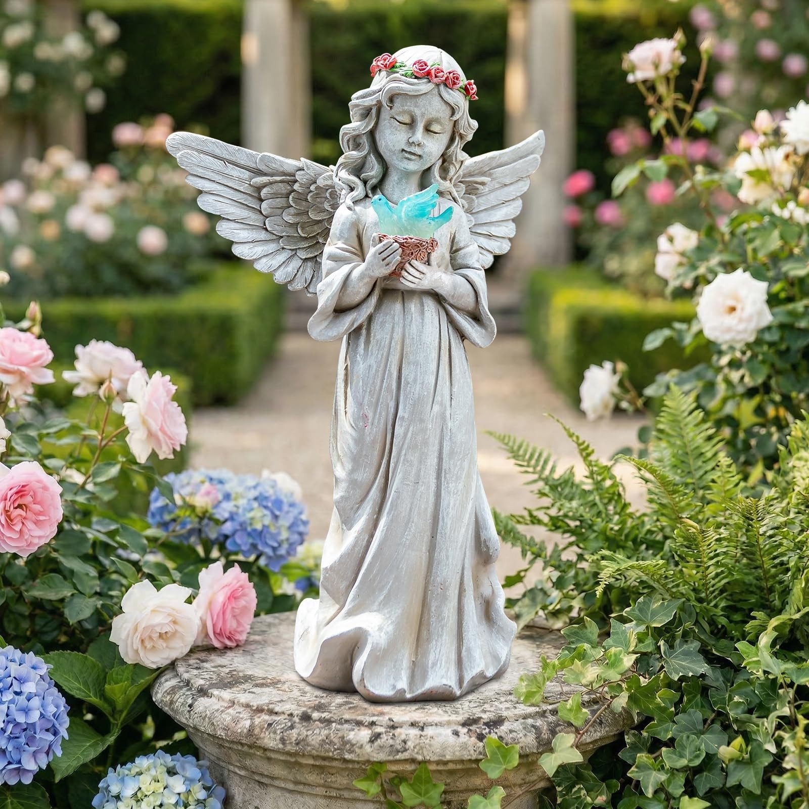 Angel Garden Statue Outdoor Decor, Angel Garden Figurine Hold Bird’s Nest wit…
