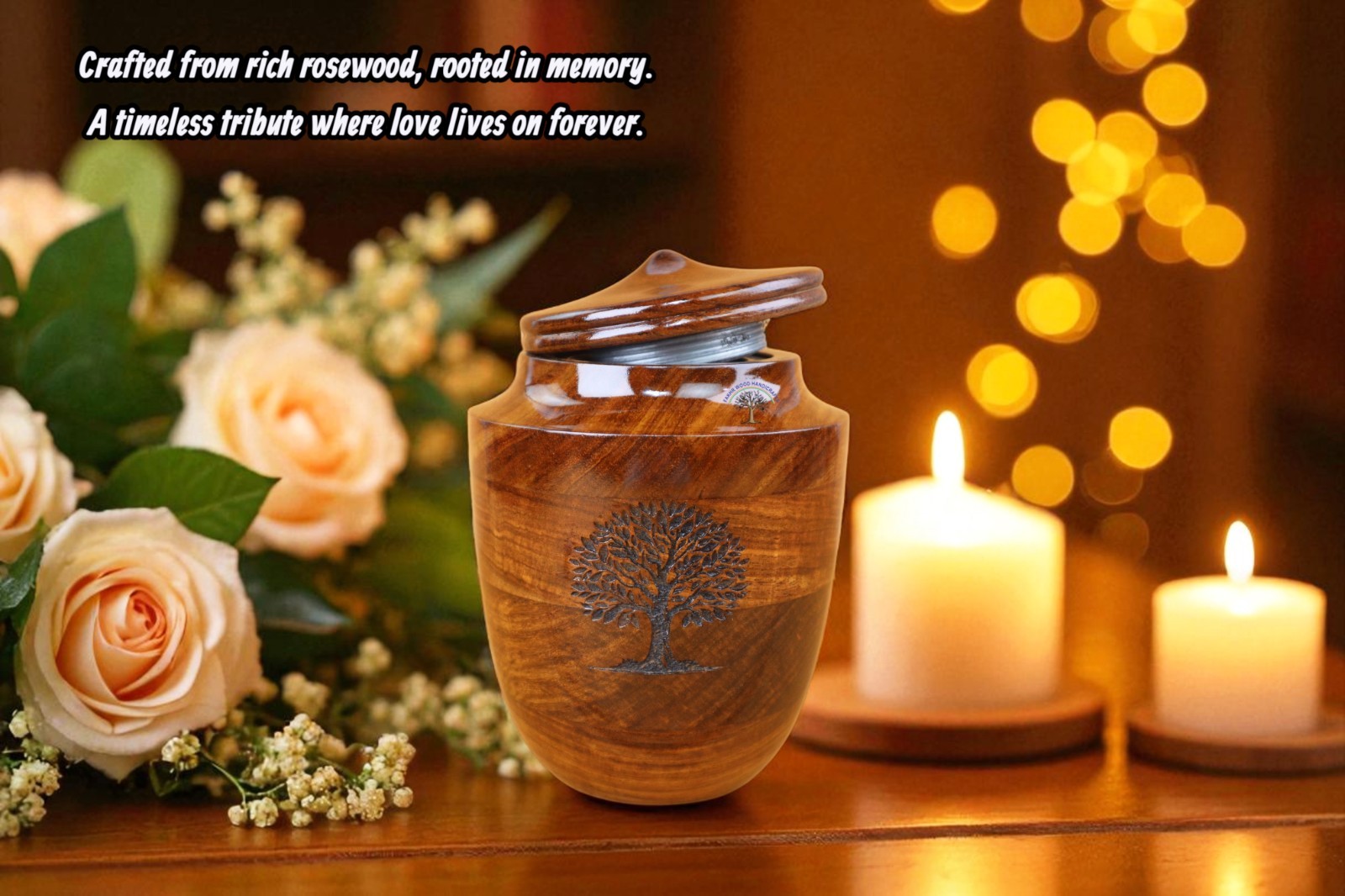 Handcrafted Rosewood Cremation Urn – Tree of Life Engraved Wooden Funeral Urn