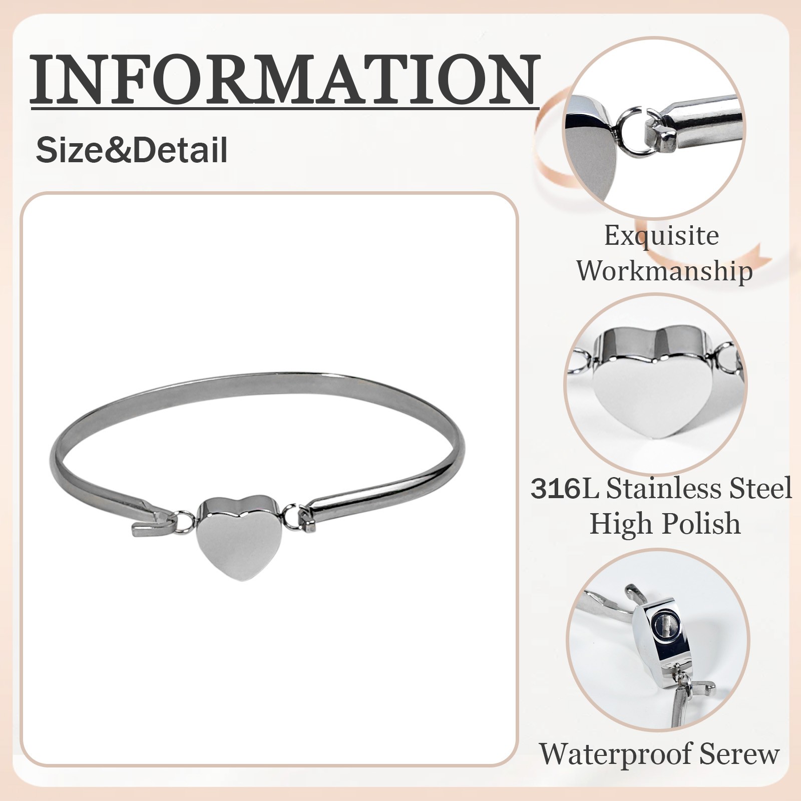Silver Heart Urn Bracelet For Cats&Dogs Ashes Stainless Steel Waterproof