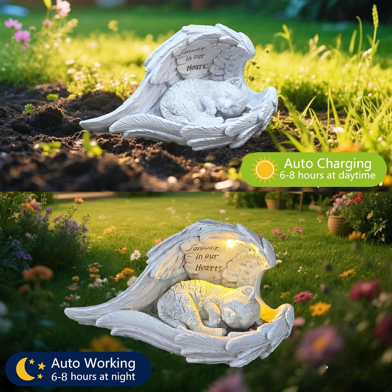 Cat Memorial Gifts for Loss of Cat, Peaceful Sleeping Solar Angel Cat Statue Out