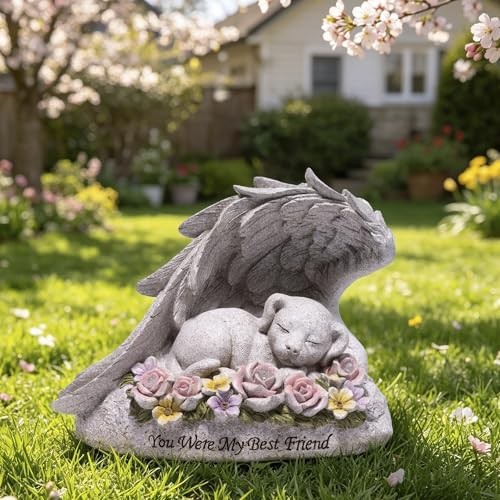 Solar Pet Memorial Garden Statue, Resin Dog Memorial Dog in Angel Wing