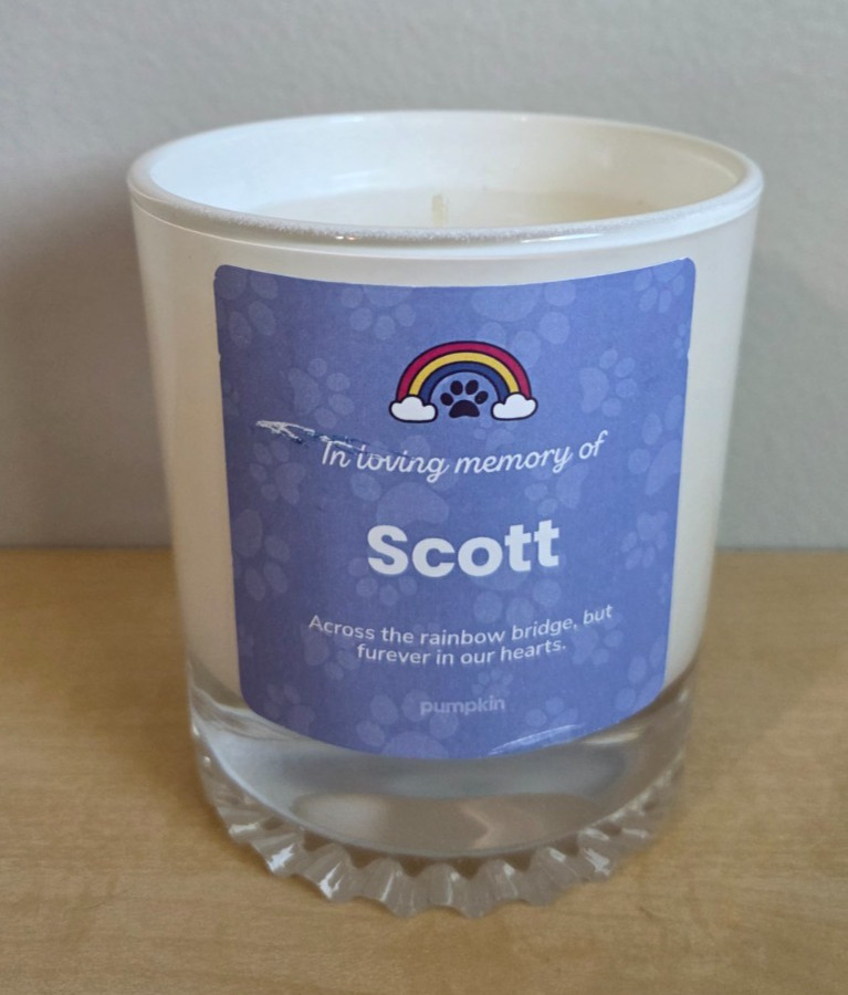Pet Memorial Rainbow Bridge Candle “In loving memory of Scott” 3.75″x3.5″