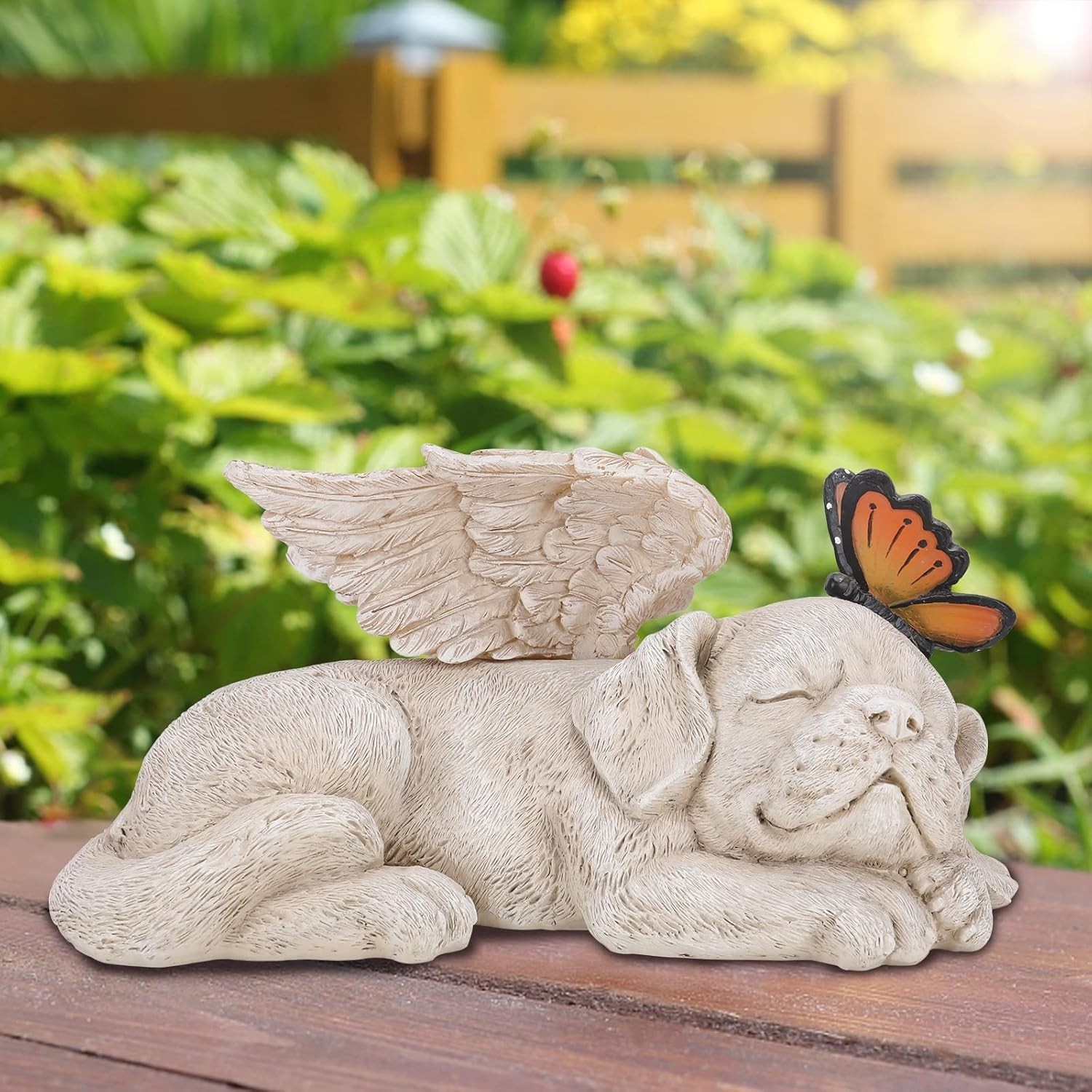 Beautifully Hand-Painted Sleeping Dog Angel Statue with Solar Illumination