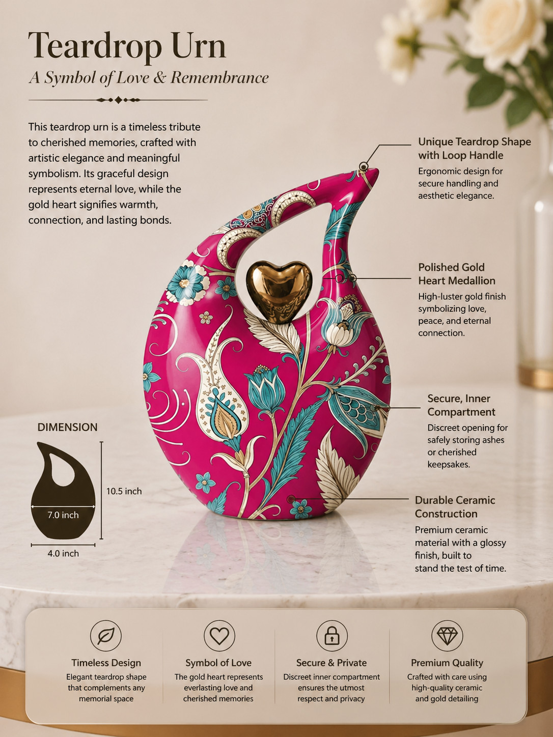 Urns for Human Ashes Pink Teardrop Heart Design w/Bag Adult Urns Women and Men