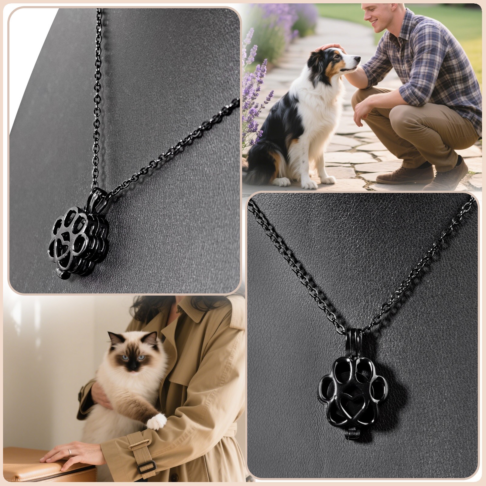 Paw Print Heart Pet Ashes Memorial Black Necklace with Inner Box For Dog&Cat