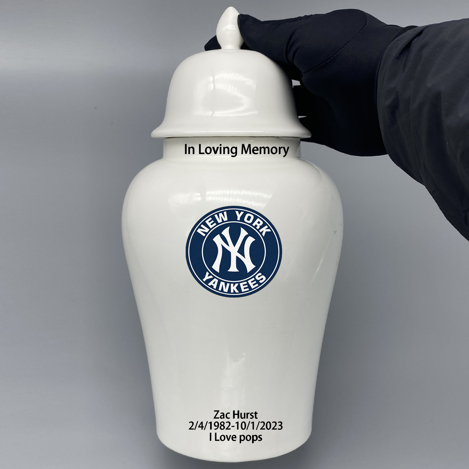 Ceramic Large Urn for New York Yankees Baseball Theme, Custom Text