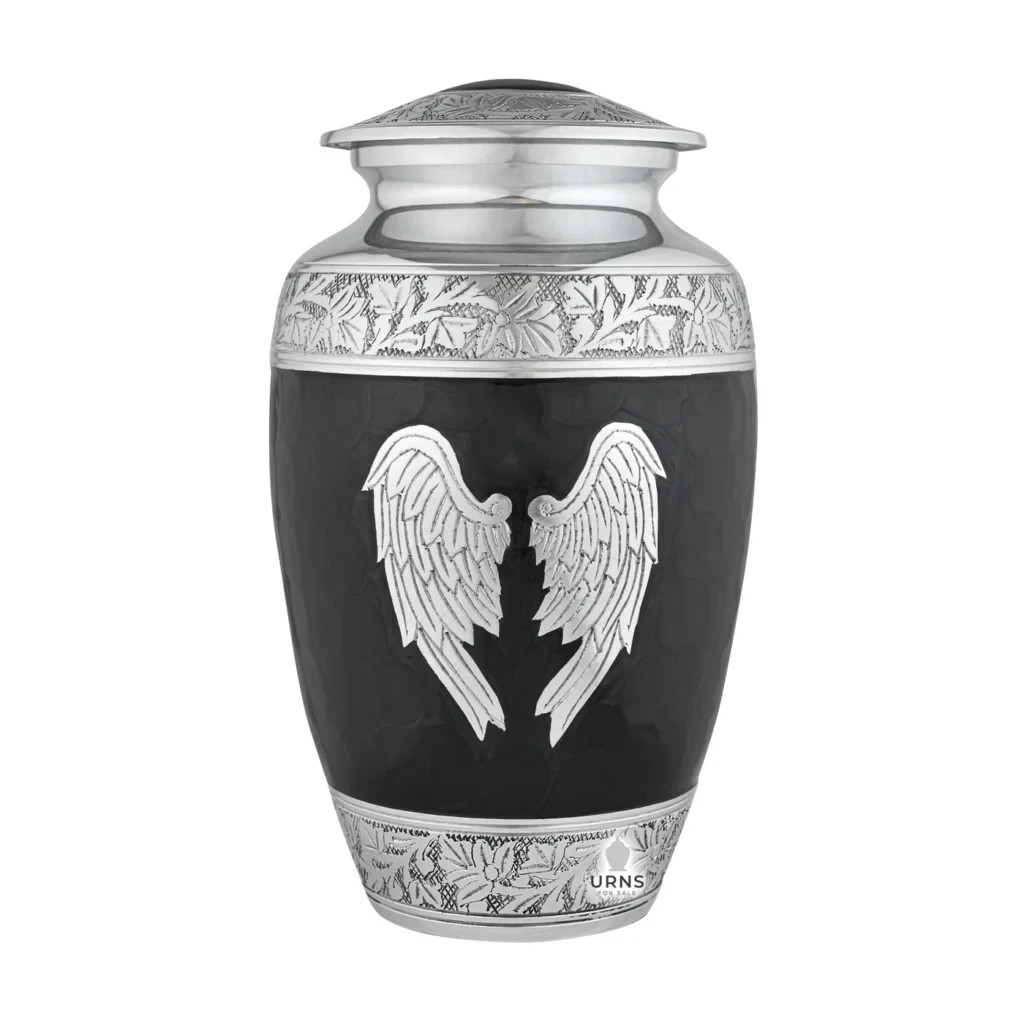Midnight Wings Angel Urn – Ornate Black and Silver Cremation Urn for Adult Human