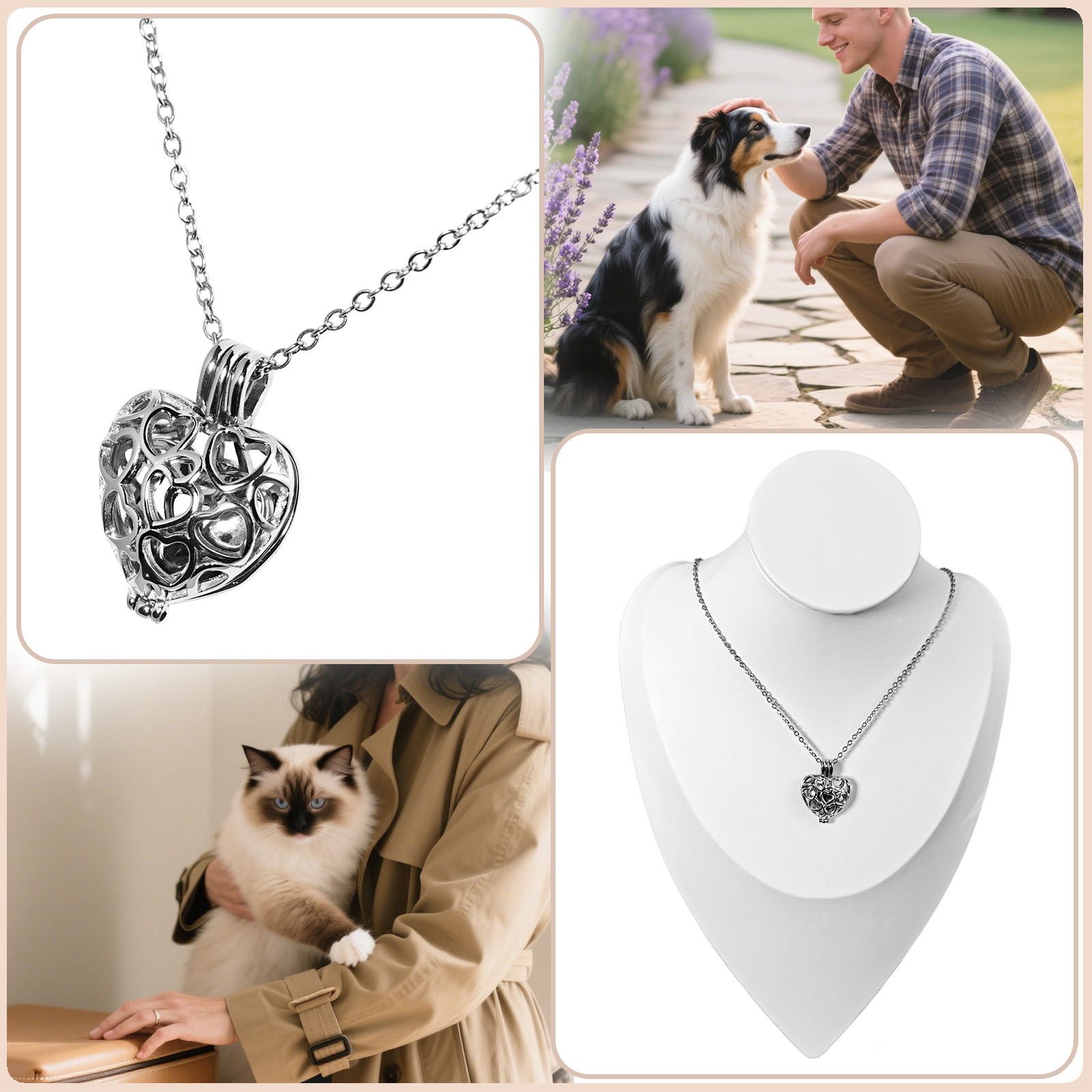 Silver Cremation Jewelry Pendant Urn Memorial Necklace with Box For Dog&Cat