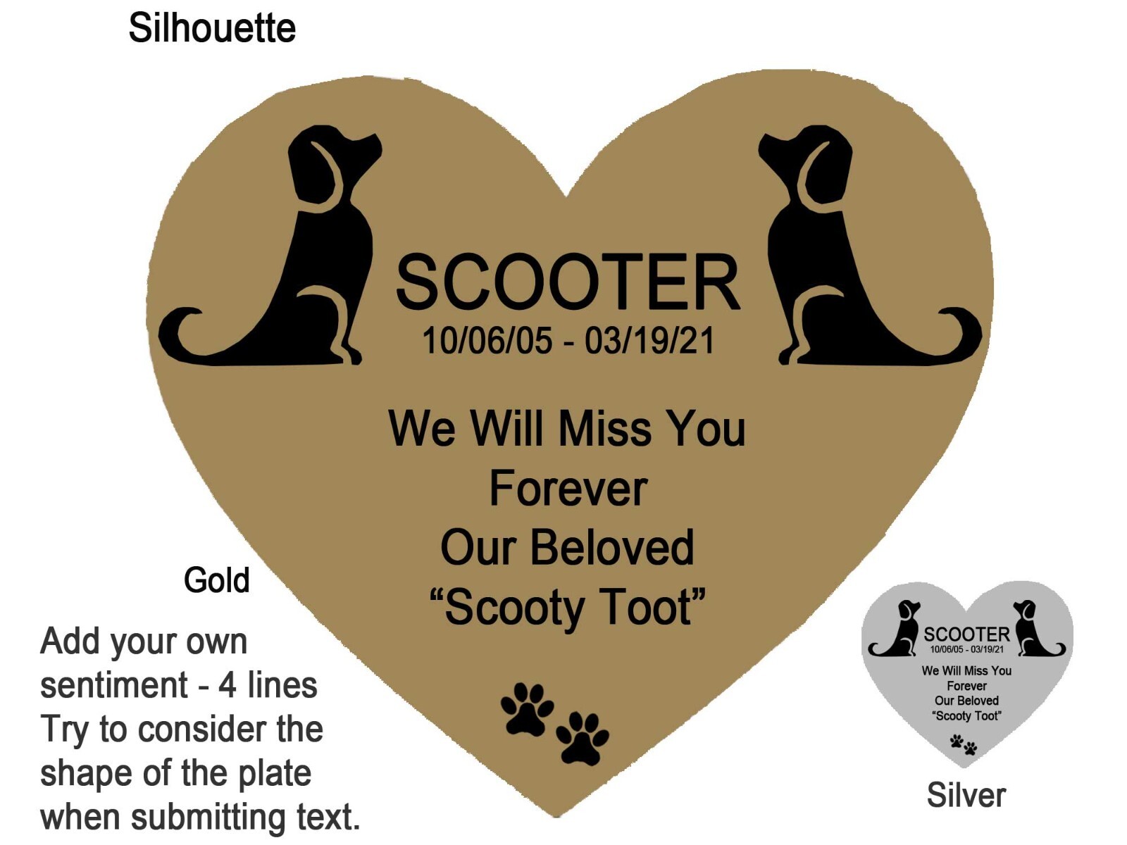 Dog Name Plate Engraved Memorial Heart Shape Pet Loss – Gold or Silver – 2 Sizes