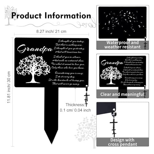 Memorial Metal Grave Marker, Waterproof Cemetery Decorations with Cross Grandpa