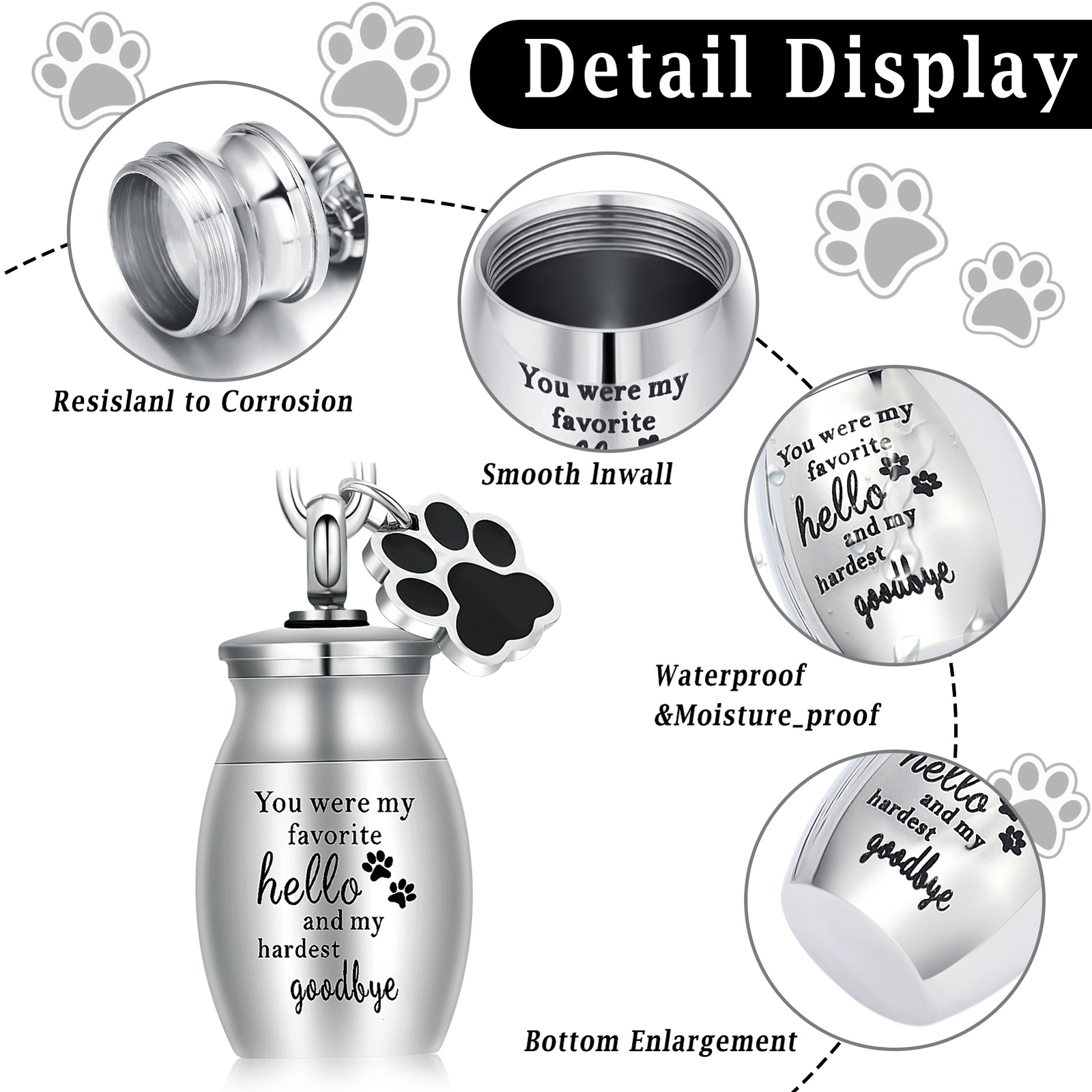 Pet Urns Keychain for Dog /Cat Ashes Keepsake Stainless Steel Cremation Keychain