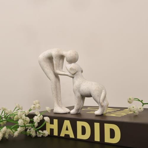 Abstract Resin Hand-Painted Sculpture of Person and Dog Bonding – Sandstone