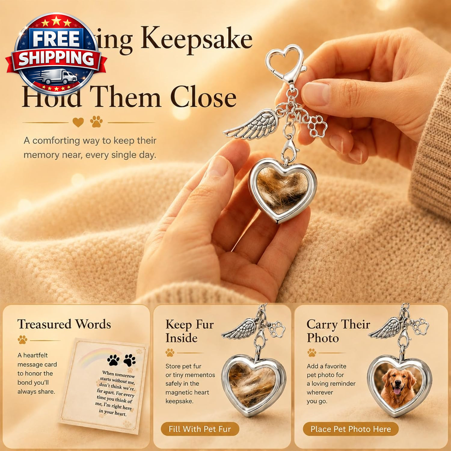 Dog Memorial Gift for Loss of Dog, Pet Hair Keepsake with Angel Wing Charm, Rain