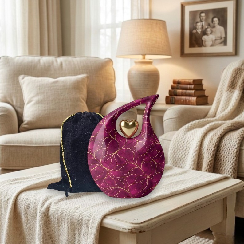 Burgundy Metal Teardrop Cremation Urn 200 Cu In Adult Human Ashes for Love Ones