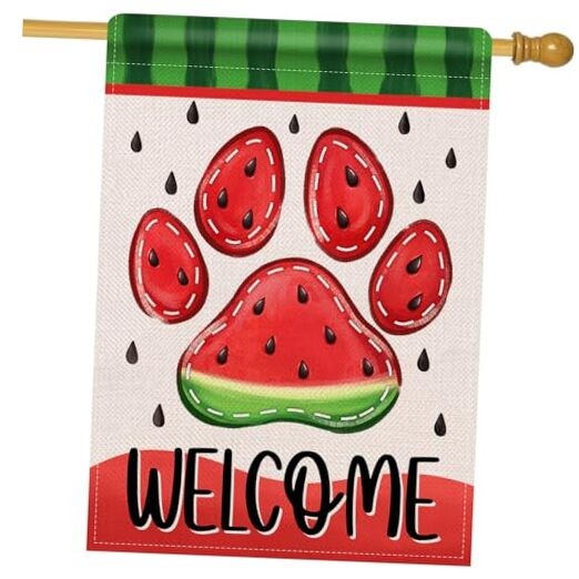 Welcome Summer Dog Cat Paw Print Large Decorative House Flag, Watermelon Yard